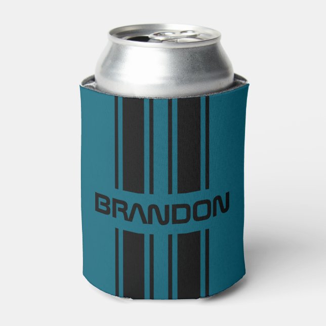 Custom Cool Teal Blue Black Auto Race Sport Stripe Can Cooler (Can Front)