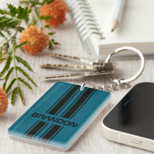 Custom Cool Teal Blue Black Auto Race Sport Stripe Keychain