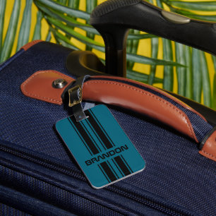 Custom Cool Teal Blue Black Auto Race Sport Stripe Luggage Tag