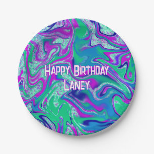 Custom Cool Teal Purple Groovy Birthday Party Paper Plates
