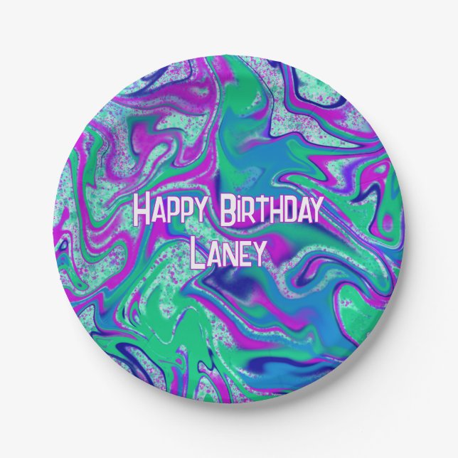 Custom Cool Teal Purple Groovy Birthday Party Paper Plates (Front)
