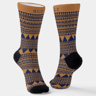 Custom Copper Brown Dark Navy Blue Aztec Pattern Socks