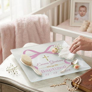 Custom Coquette Bow Baptism Personalized Trinket Tray