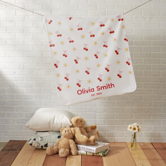 Custom Coquette Cherry Daisy Baby Blanket (In Situ)
