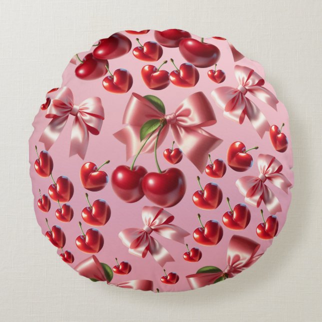 Custom Coquette Heart Bow Pattern Wrapping Paper Round Pillow (Front)