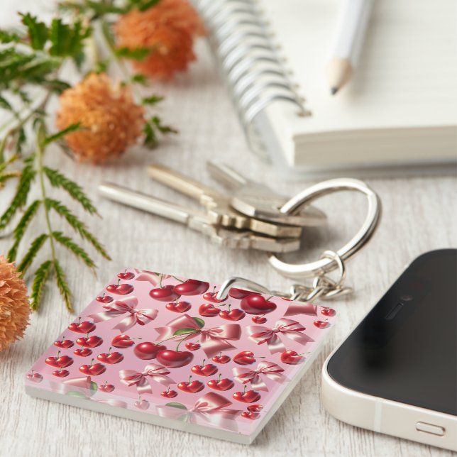 Custom Coquette Heart Cherry Bow Pattern Keychain (Front Right)