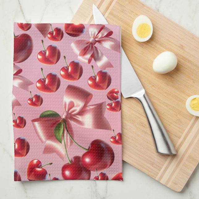 Custom Coquette Heart Cherry Bow Pattern Kitchen Towel (Quarter Fold)