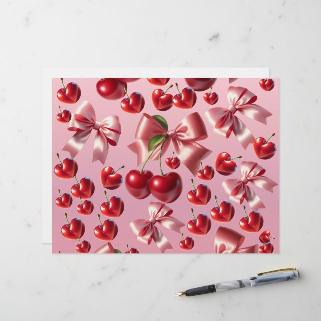 Custom Coquette Heart Cherry Bow Pattern Letterhead (Front/Back In Situ)