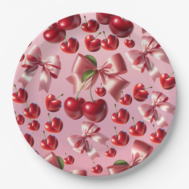 Custom Coquette Heart Cherry Bow Pattern Paper Plates (Front)