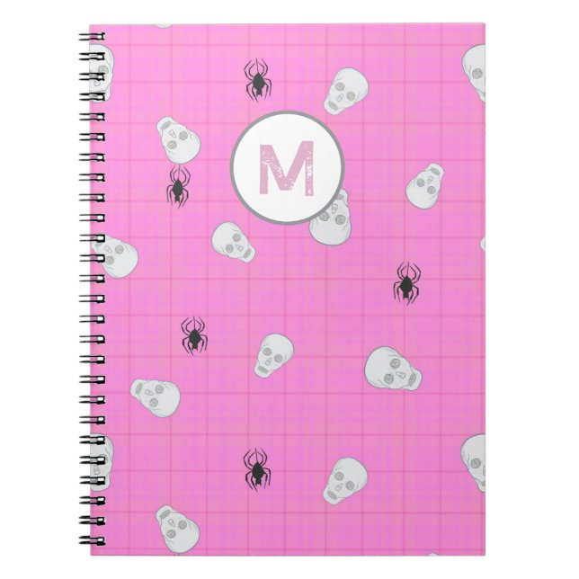 Custom Coquette Pink Plaid Halloween Skulls Notebook (Front)
