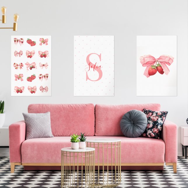 Custom Coquette Strawberries & Bows Design Wall Art Sets (Livingroom)