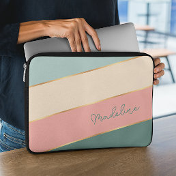 Custom Coral Blush Mint Green Ivory Stripe Art Laptop Sleeve