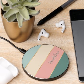 Custom Coral Blush Mint Sage Green Stripes Art Wireless Charger by CaseConceptCreations at Zazzle