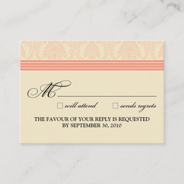 :custom: Coral/Cream Damask 3.5"x2.5" RSVP Card (Front)