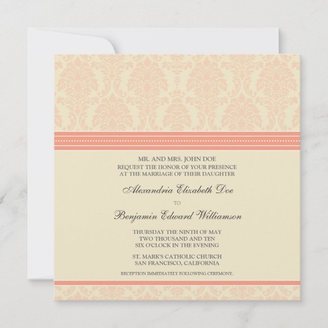 :custom: Coral/Cream Damask Wedding Invitation (Front)