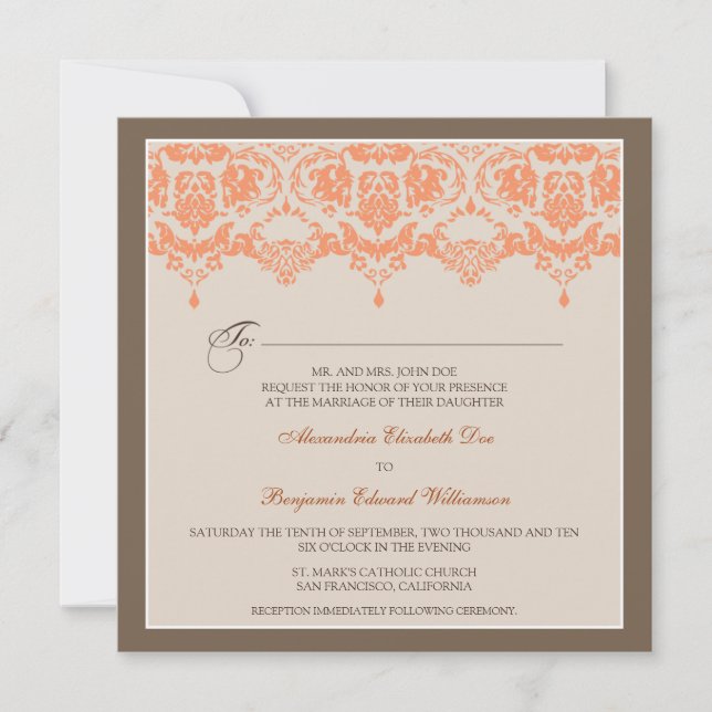 :custom: Coral Darling Damask Wedding Invitation_2 Invitation (Front)