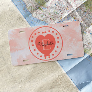 Custom Coral Heart Initial Letter Monogram License Plate