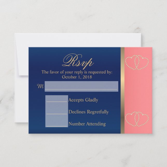 Custom - Coral & Navy Blue with Gold Hearts - RSVP Card (Front)