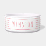 Custom Coral Pink Modern Farmhouse Cat Dog<br><div class="desc">Custom white and coral pink minimalistic modern farmhouse style thin multiple stripe pet food or water bowl with your cat or dog name printed on the side. Use the advanced template editor to change font,  background or stripe colors to match your decor or favorite colors.</div>