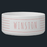 Custom Coral Pink Modern Farmhouse Cat Dog Bowl<br><div class="desc">Custom white and coral pink minimalistic modern farmhouse style thin multiple stripe pet food or water bowl with your cat or dog name printed on the side. Use the advanced template editor to change font,  background or stripe colors to match your decor or favorite colors.</div>