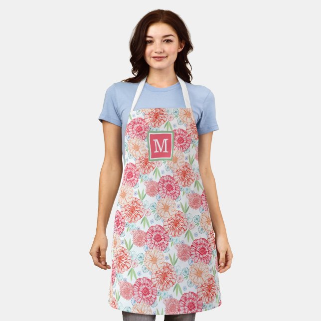 Custom Coral Pink Red Blue Green Floral Pattern Apron (Worn)