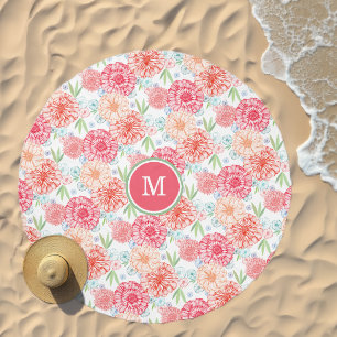 Custom Coral Pink Red Blue Green Floral Pattern Beach Towel