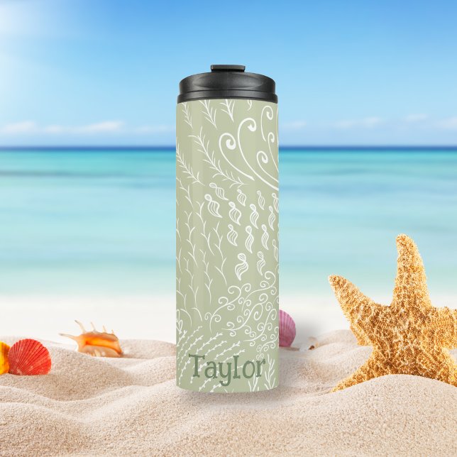 Custom Coral Reef & Seashell Print Thermal Tumbler (Sage Ocean Scene Tumbler)