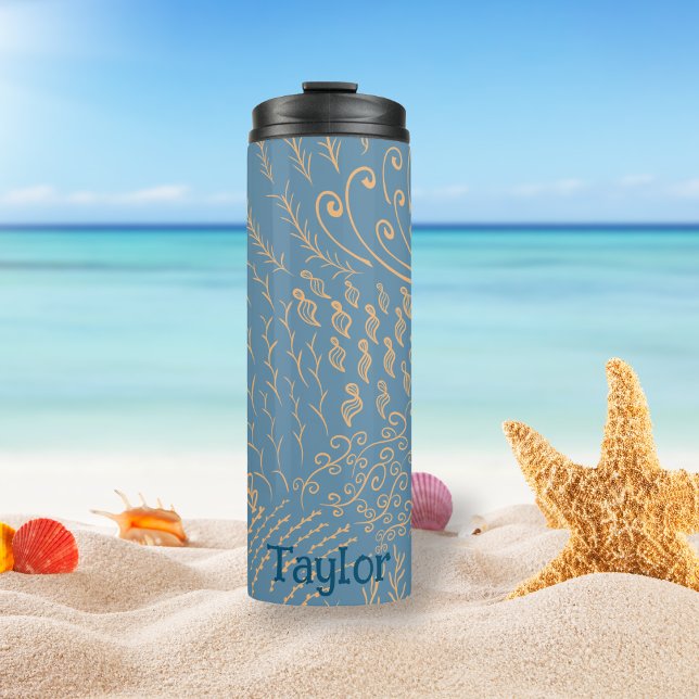 Custom Coral Reef & Seashell Print Thermal Tumbler (Dark Blue Ocean Scene Tumbler)