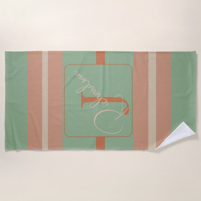 Custom Coral Sage Stripe Monogram Boho Pastel Chi Beach Towel (Front)