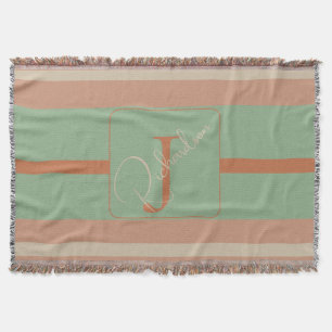 Custom Coral Sage Stripe Monogram Boho Pastel Chi Throw Blanket