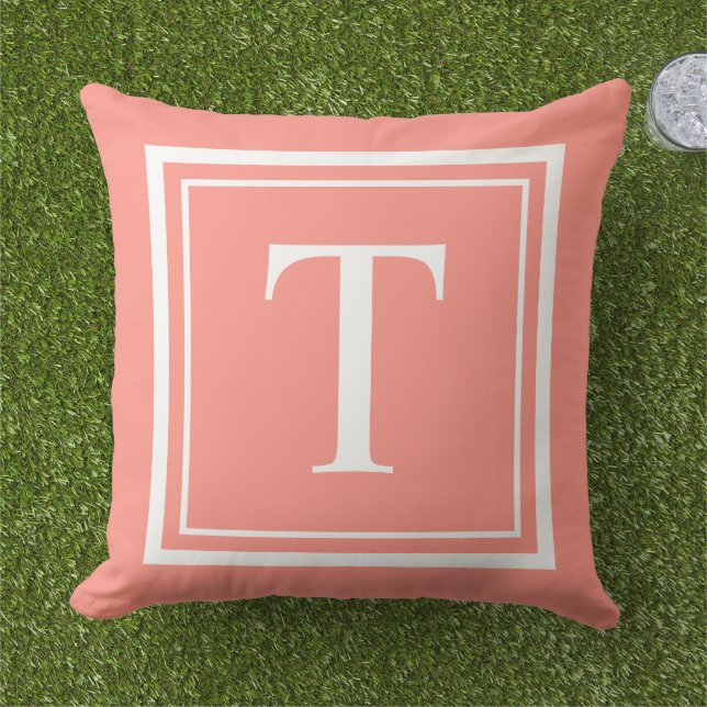Custom Coral Square Monogram Initial Letter Outdoor Pillow (Grass)