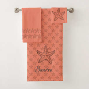 Custom  Coral White Chic Beach house Starfish  Bath Towel Set