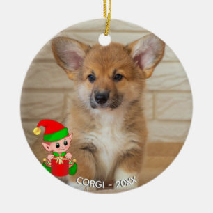 Custom Corgi Dog Photo with Cute Elf Ceramic Ornament