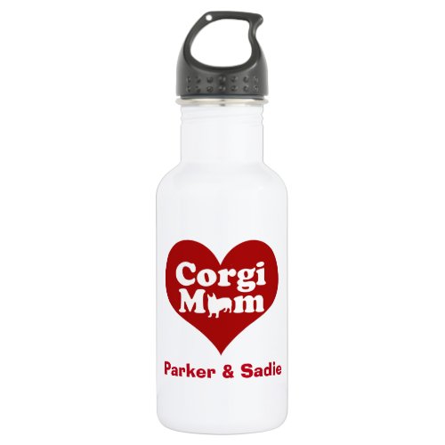Custom Corgi Mom Red Heart Water Bottle