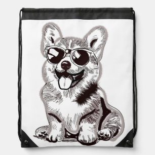 Custom Corgi Puppy with Sunglasses Sketch Art Drawstring Bag
