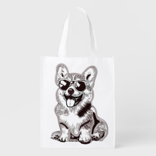 Custom Corgi Puppy with Sunglasses   Sketch Art Grocery Bag