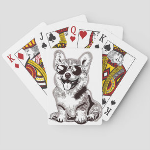 Custom Corgi Puppy with Sunglasses Sketch Art Poker Cards