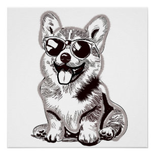 Custom Corgi Puppy with Sunglasses Sketch Art Poster