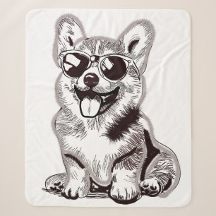 Custom Corgi Puppy with Sunglasses Sketch Art Sherpa Blanket