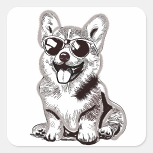 Custom Corgi Puppy with Sunglasses   Sketch Art Square Sticker