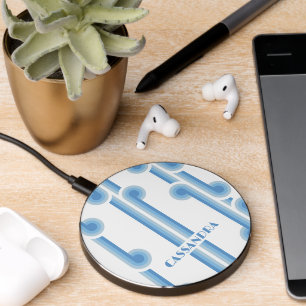 Custom Cornflower Blue White Retro Art Pattern Wireless Charger