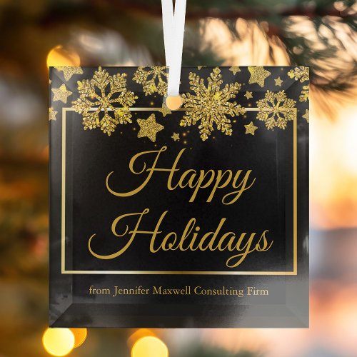 Custom Corporate Christmas Black Gold Snowflake Glass Ornament