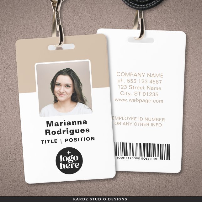 Custom Corporate Logo Photo Barcode Employee ID Badge (Front and back are shown. Customize and choose attachment: lanyard, retractable, or metal clip)