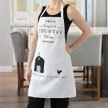 Custom Country, Barn and Rooster Black and White Apron<br><div class="desc">Beautiful custom country style apron with two text areas to customize with your own name, or family name as well as your own message on bottom area. Use of old fashioned rustic style calligraphy and block typography. Phrase "Always Fresh, Country Kitchen" in a mixture of farmhouse style script and block...</div>