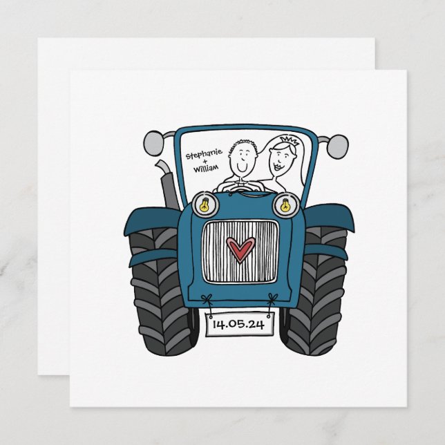 Custom Country Wedding Blue Tractor Evening  Invitation (Front/Back)