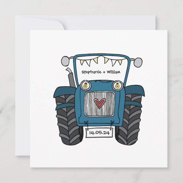 Custom Country Wedding Blue Tractor Evening Invitation (Front)