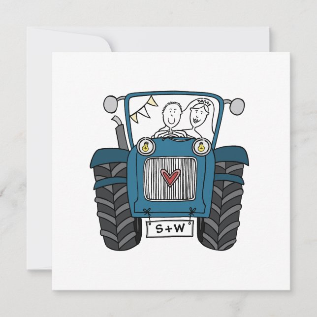 Custom Country Wedding Blue Tractor Invitation (Front)