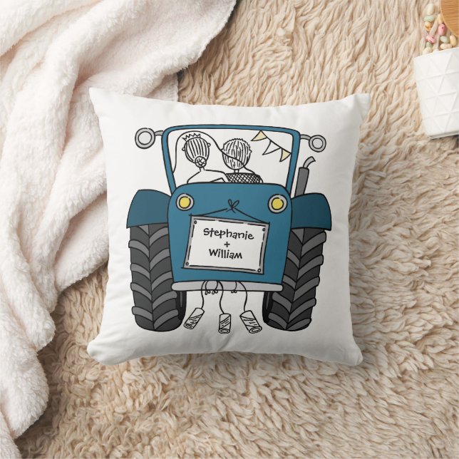 Custom Country Wedding Blue Tractor Throw Pillow (Blanket)