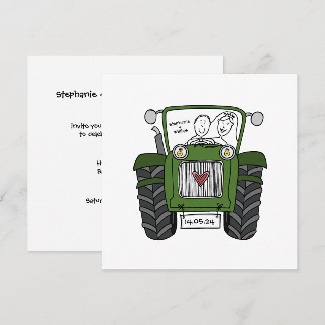 Custom Country Wedding Green Tractor Evening  Invitation (Front/Back)