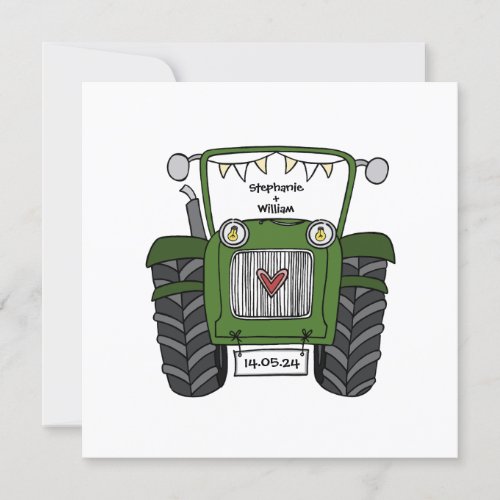 Custom Country Wedding Green Tractor Evening Invitation